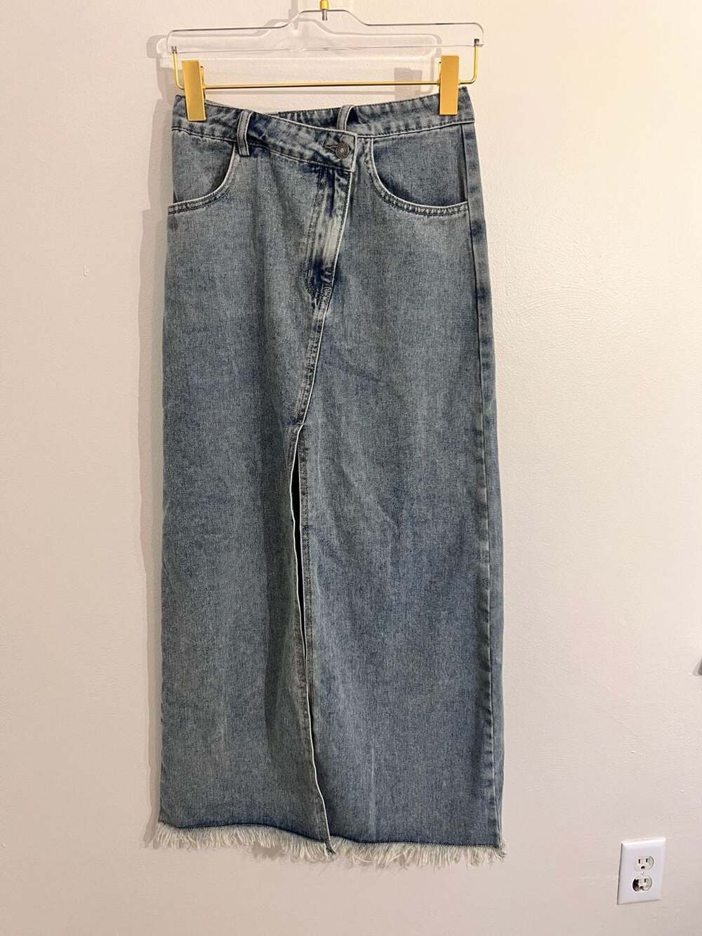 C. Comme Des Garçons Light Wash Denim Midi Skirt with Raw Frayed Hem